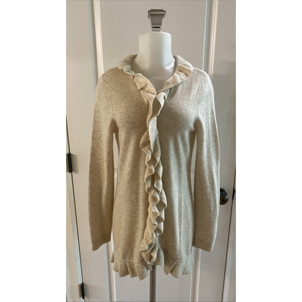 Chicos Ivory 100% Cashmere Ruffle Trim Open Front Cardigan Size 1 / S Sweater